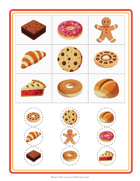 Voorbeeld van het Bingo-werkblad met Bakkerij voor kleuterklas