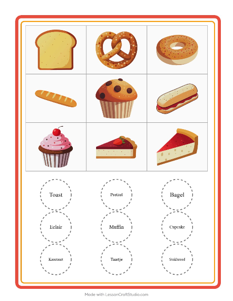 Voorbeeld van het Bingo-werkblad met Bakkerij voor kleuterklas