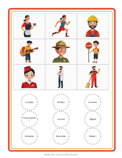 Voorbeeld van het Bingo-werkblad met Beroepen voor kleuterklas
