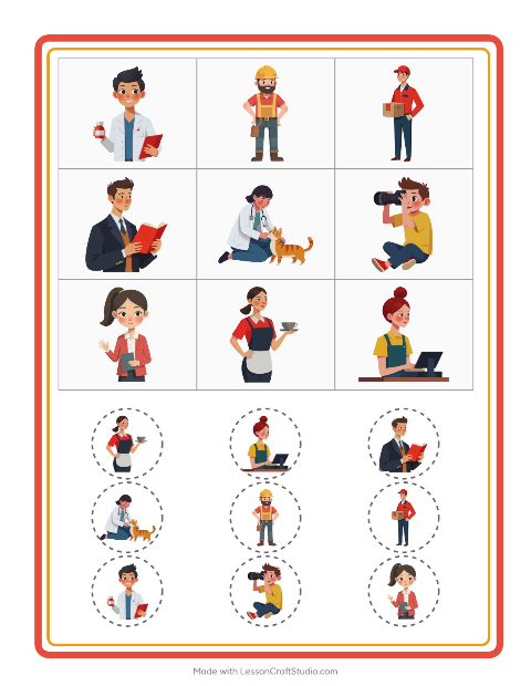 Voorbeeld van het Bingo-werkblad met Beroepen voor kleuterklas