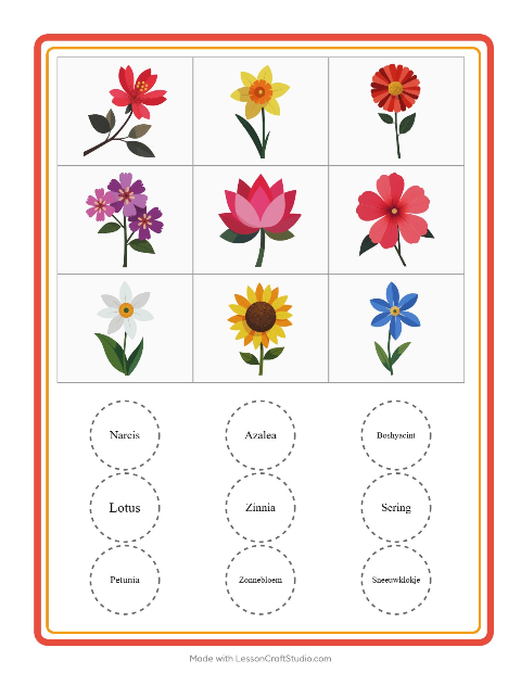 Voorbeeld van het Bingo-werkblad met Bloemen voor kleuterklas