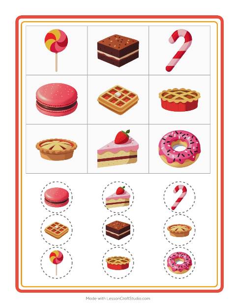 Voorbeeld van het Bingo-werkblad met Desserts en snoep voor kleuterklas