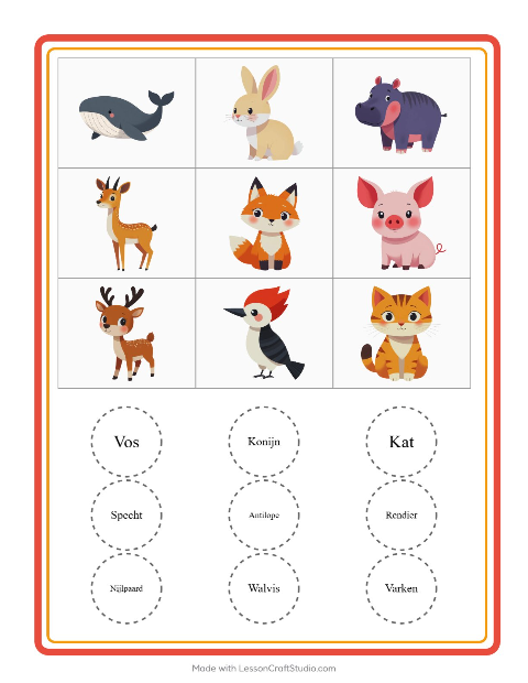Voorbeeld van het Bingo-werkblad met Dieren voor kleuterklas