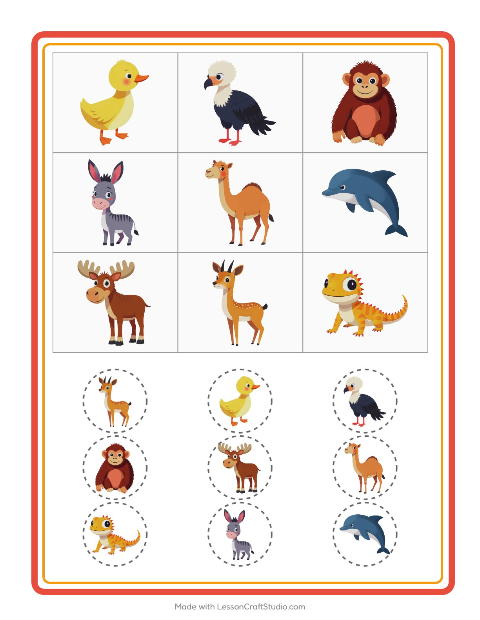 Voorbeeld van het Bingo-werkblad met Dieren voor kleuterklas