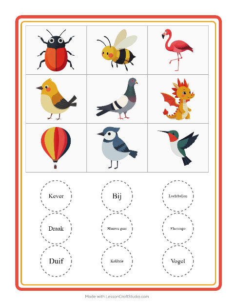 Voorbeeld van het Bingo-werkblad met Dingen die vliegen voor kleuterklas