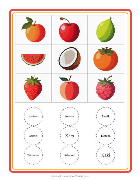 Voorbeeld van het Bingo-werkblad met Fruit voor kleuterklas