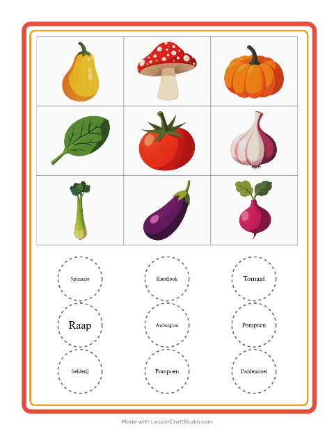 Voorbeeld van het Bingo-werkblad met Groenten voor kleuterklas