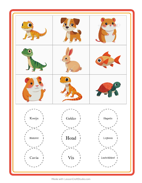 Voorbeeld van het Bingo-werkblad met Huisdieren voor kleuterklas