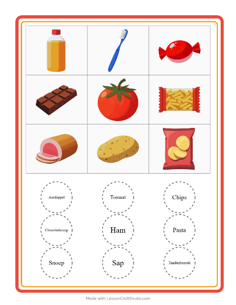 Voorbeeld van het Bingo-werkblad met In de supermarkt voor kleuterklas