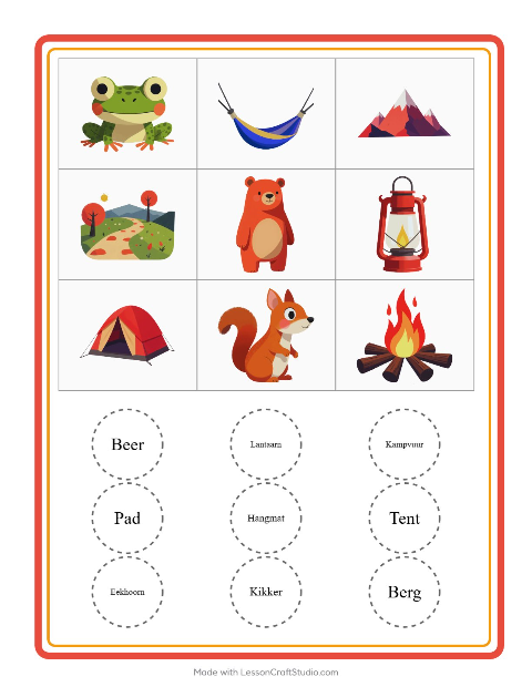 Voorbeeld van het Bingo-werkblad met Kamperen voor kleuterklas