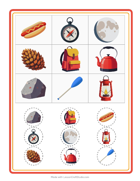 Voorbeeld van het Bingo-werkblad met Kamperen voor kleuterklas