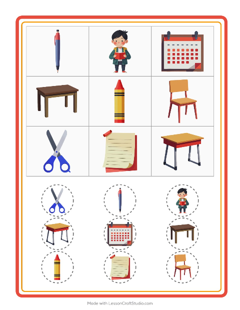 Voorbeeld van het Bingo-werkblad met Klaslokaal voor kleuterklas