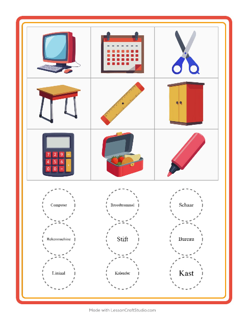 Voorbeeld van het Bingo-werkblad met Klaslokaal voor kleuterklas