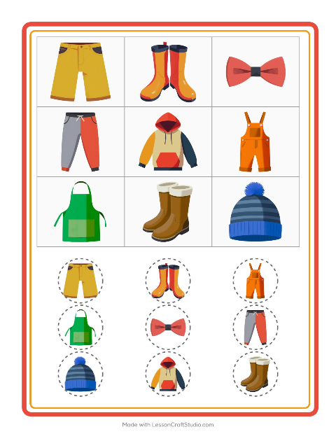 Voorbeeld van het Bingo-werkblad met Kleding voor kleuterklas