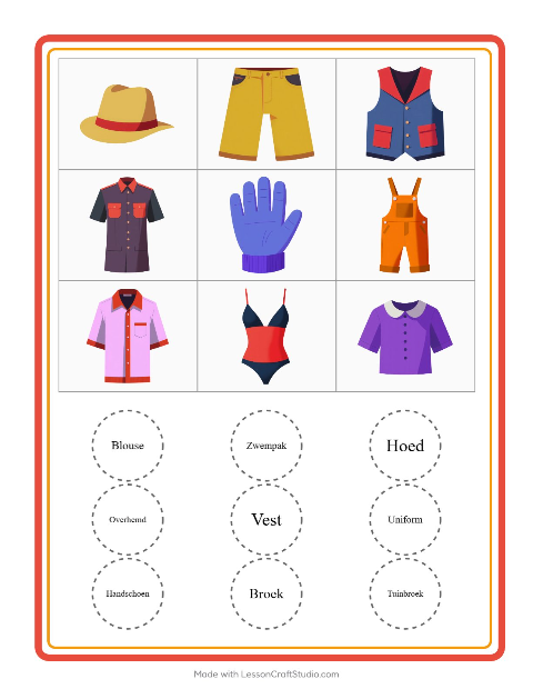 Voorbeeld van het Bingo-werkblad met Kleding voor kleuterklas