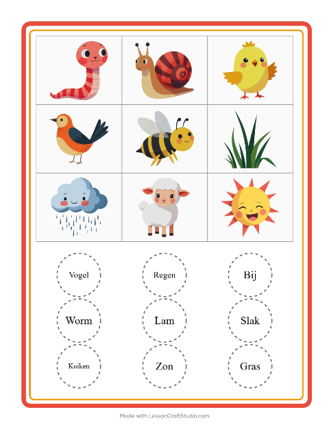 Voorbeeld van het Bingo-werkblad met Lente voor kleuterklas