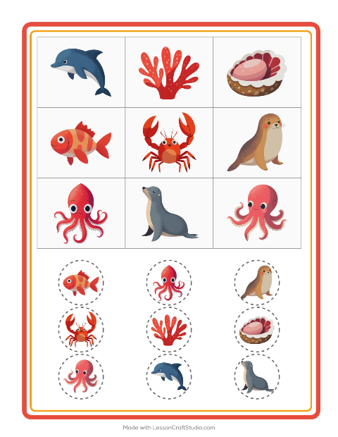 Voorbeeld van het Bingo-werkblad met Oceaanleven voor kleuterklas