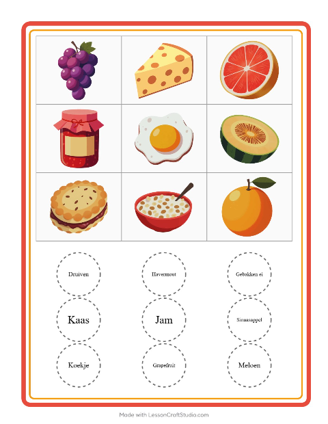 Voorbeeld van het Bingo-werkblad met Ontbijt voor kleuterklas