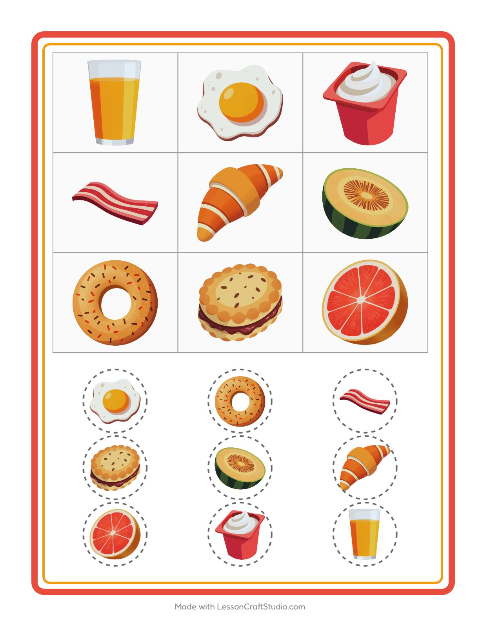 Voorbeeld van het Bingo-werkblad met Ontbijt voor kleuterklas