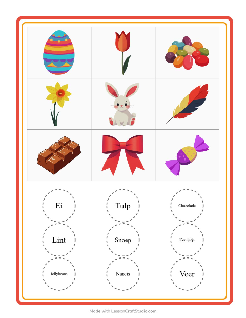 Voorbeeld van het Bingo-werkblad met Pasen voor kleuterklas
