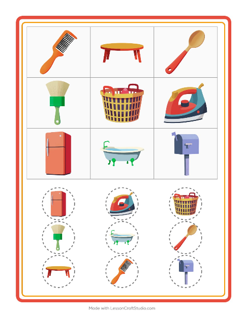 Voorbeeld van het Bingo-werkblad met Rond het huis voor kleuterklas