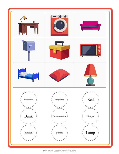 Voorbeeld van het Bingo-werkblad met Rond het huis voor kleuterklas