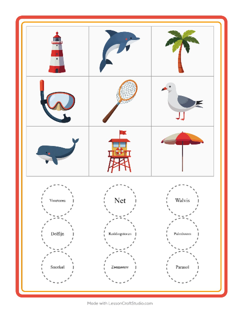 Voorbeeld van het Bingo-werkblad met Strand voor kleuterklas