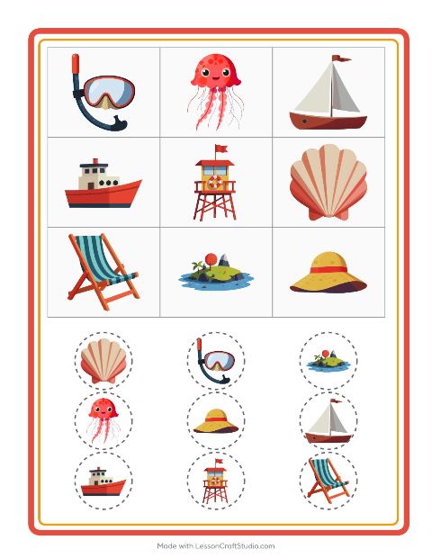 Voorbeeld van het Bingo-werkblad met Strand voor kleuterklas