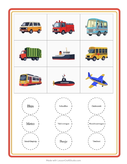 Voorbeeld van het Bingo-werkblad met Voertuigen voor kleuterklas