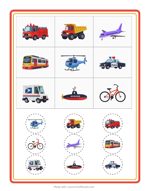 Voorbeeld van het Bingo-werkblad met Voertuigen voor kleuterklas
