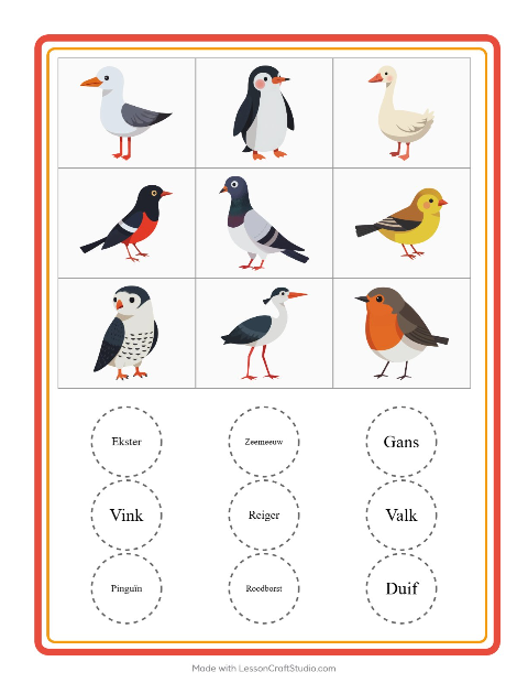 Voorbeeld van het Bingo-werkblad met Vogels 2 voor kleuterklas
