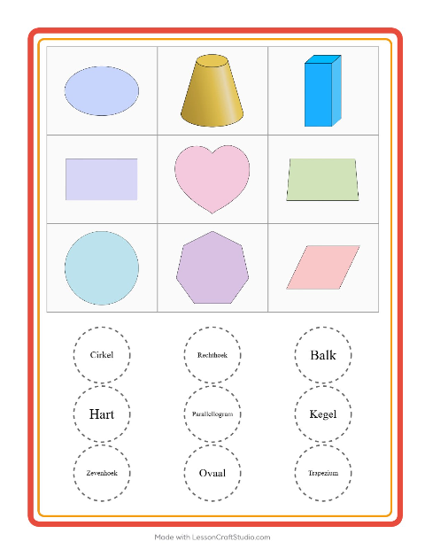 Voorbeeld van het Bingo-werkblad met Vormen voor kleuterklas