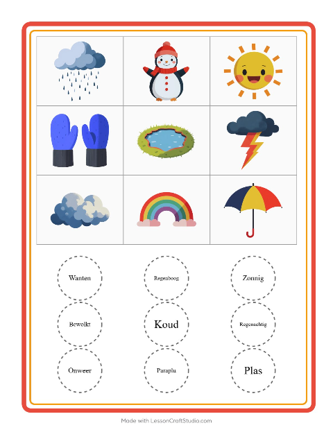 Voorbeeld van het Bingo-werkblad met Weer voor kleuterklas