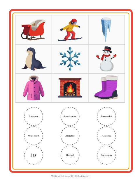 Voorbeeld van het Bingo-werkblad met Winter voor kleuterklas