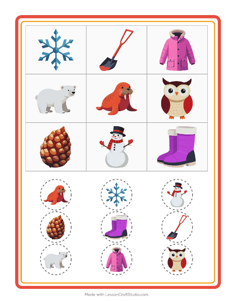 Voorbeeld van het Bingo-werkblad met Winter voor kleuterklas