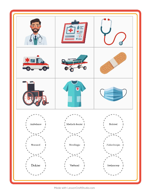 Voorbeeld van het Bingo-werkblad met Ziekenhuis voor kleuterklas