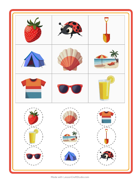 Voorbeeld van het Bingo-werkblad met Zomer voor kleuterklas