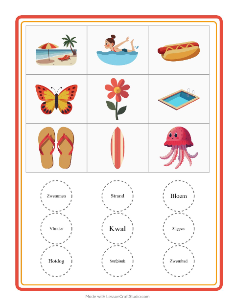 Voorbeeld van het Bingo-werkblad met Zomer voor kleuterklas
