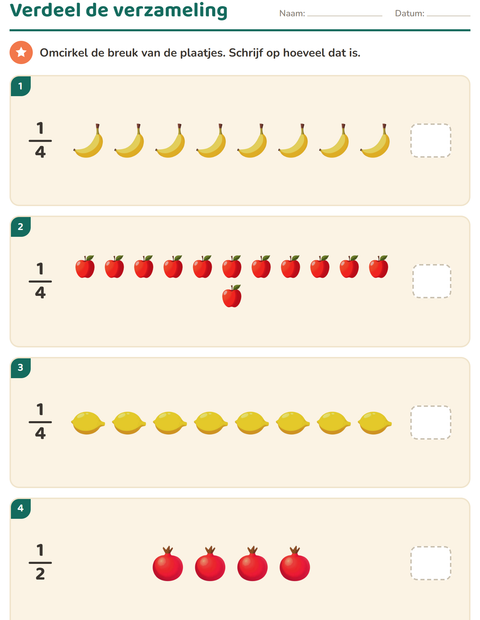 Voorbeeld van het Breuken-werkblad met Fruit voor groep 4