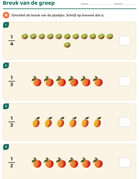 Voorbeeld van het Breuken-werkblad met Fruit voor groep 5