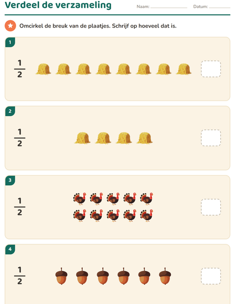 Voorbeeld van het Breuken-werkblad met Thanksgiving voor groep 4