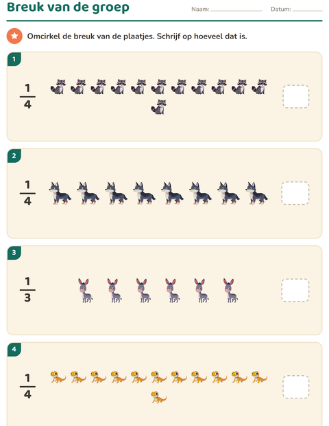 Voorbeeld van het Breuken-werkblad met Dieren voor groep 5