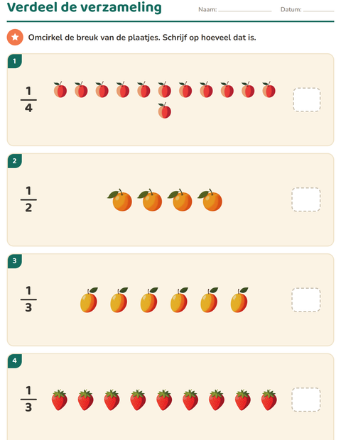 Voorbeeld van het Breuken-werkblad met Fruit voor groep 4