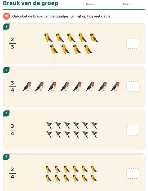 Voorbeeld van het Breuken-werkblad met Vogels 2 voor groep 5