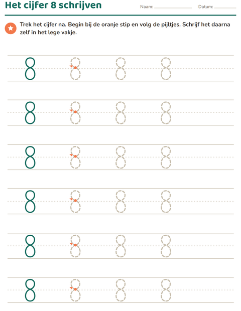 Voorbeeld van het Cijfers schrijven-werkblad voor kleuterklas