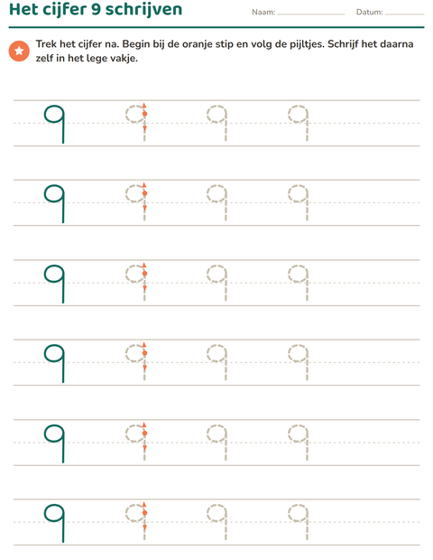 Voorbeeld van het Cijfers schrijven-werkblad voor kleuterklas