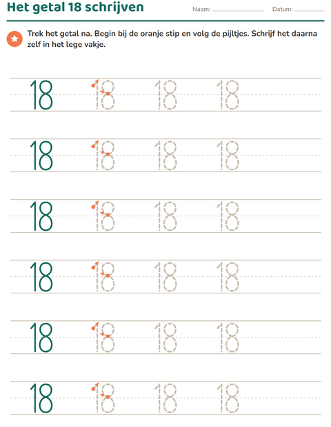 Voorbeeld van het Cijfers schrijven-werkblad voor kleuterklas