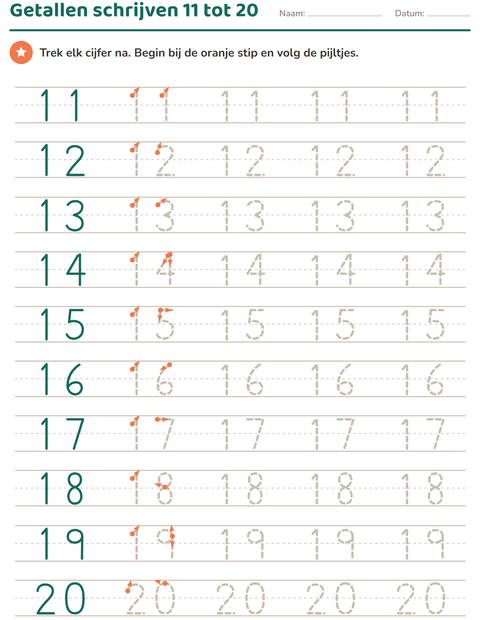 Voorbeeld van Getallen schrijven van 11 tot 20