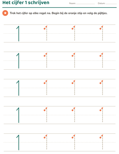 Voorbeeld van het Cijfers schrijven-werkblad voor kleuterklas