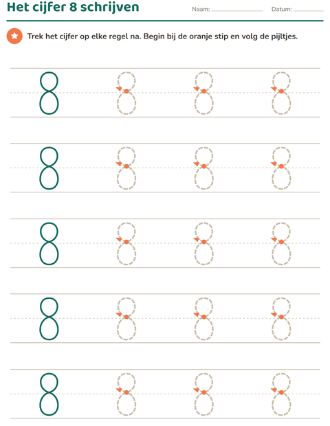 Voorbeeld van het Cijfers schrijven-werkblad voor kleuterklas